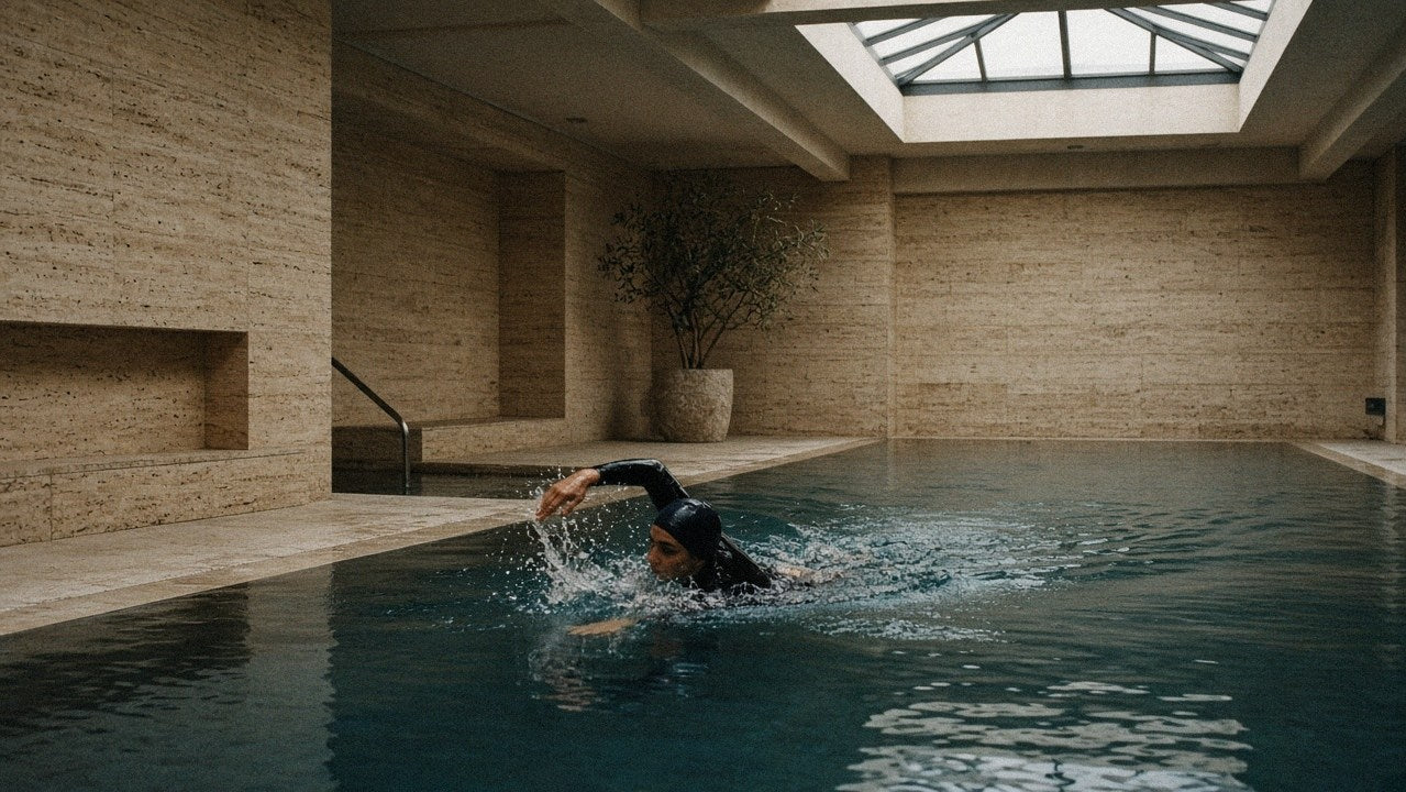 Woman swimming laps in a dark pool