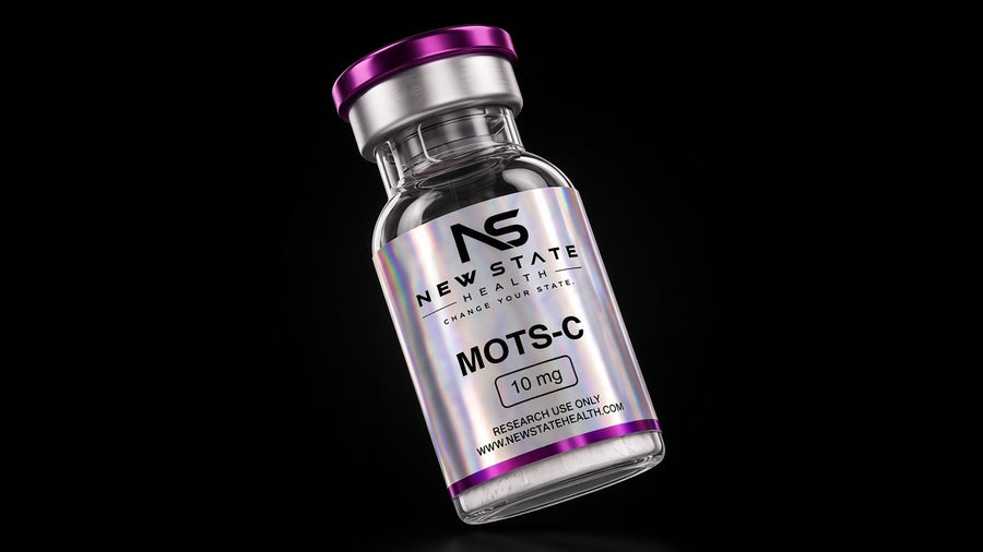 New State Health MOTS-c 10 mg research vial with holographic label and purple cap on a black background