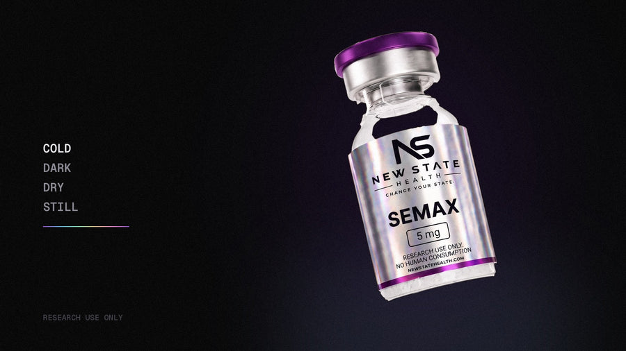 New State Health Semax 5 mg research vial with holographic label and purple cap on a black background