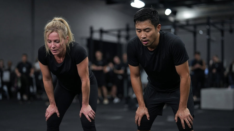 Two hybrid race athletes in black kit catching their breath with hands on knees on an indoor race floor