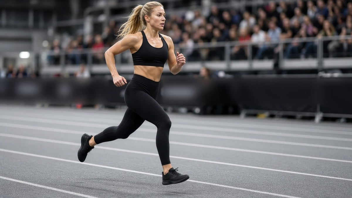 Hybrid race athlete in black kit running on an indoor race lane between stations
