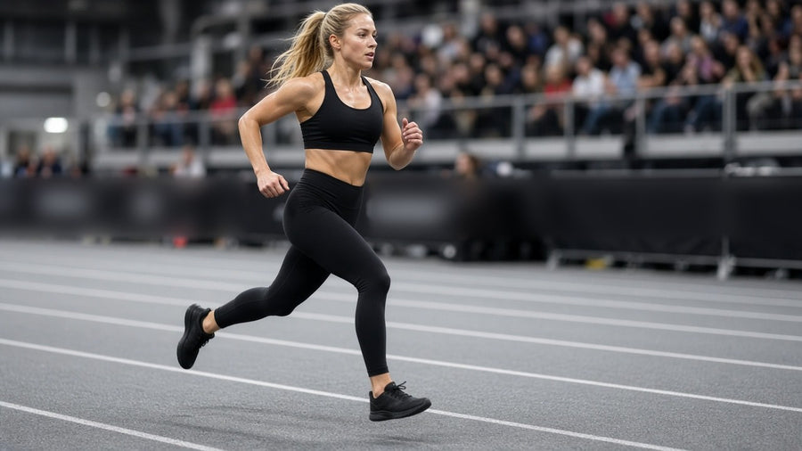 Hybrid race athlete in black kit running on an indoor race lane between stations