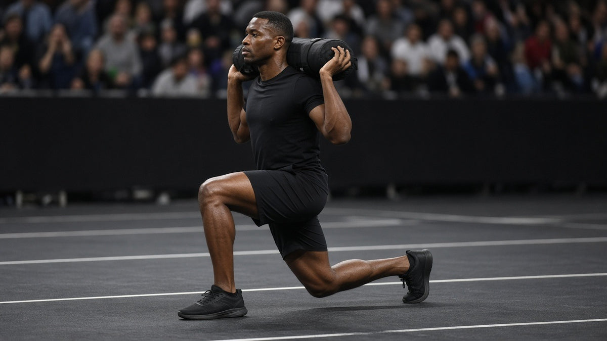 Hybrid race athlete doing a sandbag walking lunge on an indoor race floor