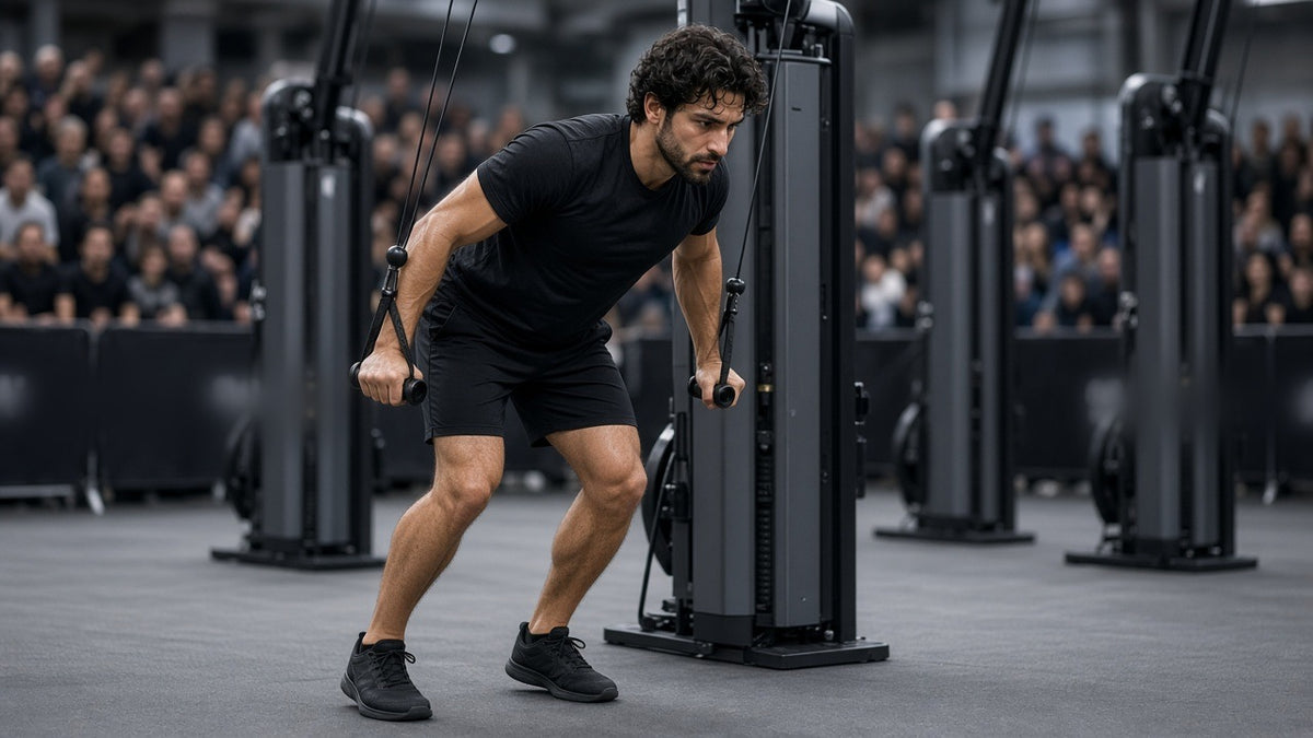 Hybrid race athlete pulling the handles of a ski machine on an indoor race floor