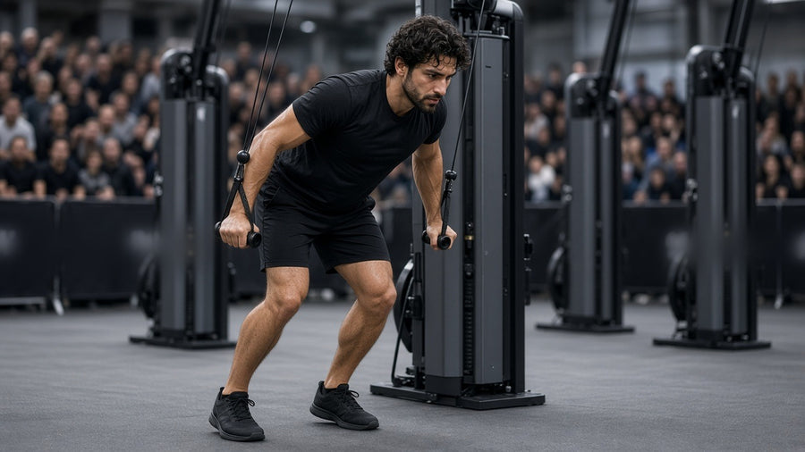 Hybrid race athlete pulling the handles of a ski machine on an indoor race floor