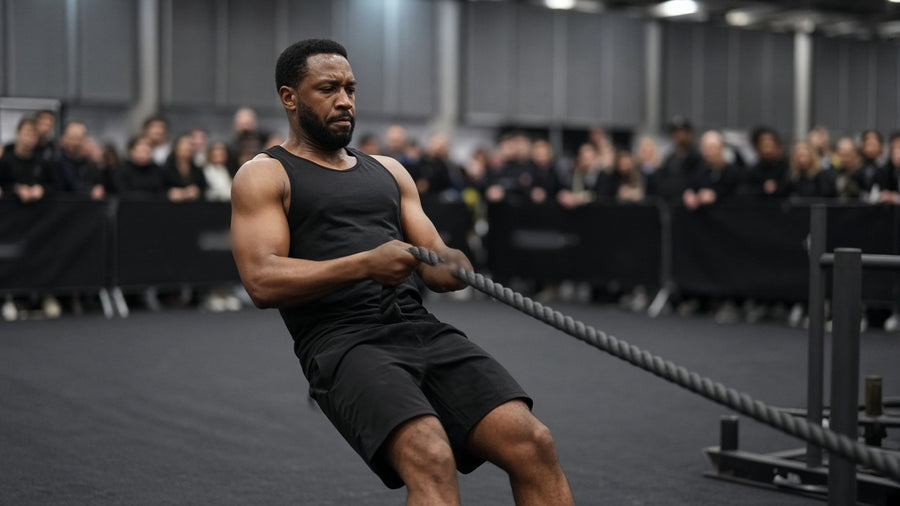 Hybrid race athlete leaning back on a sled pull rope on an indoor race floor