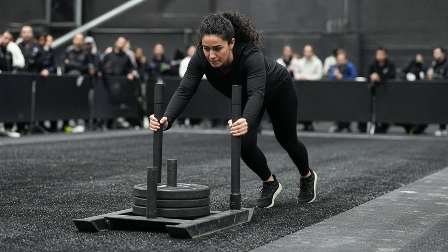 Hybrid race athlete leaning low into a weighted sled push on an indoor race floor