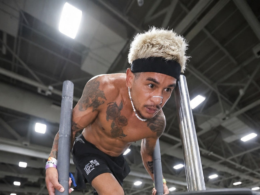 Hybrid race athlete driving a sled push on an indoor race floor