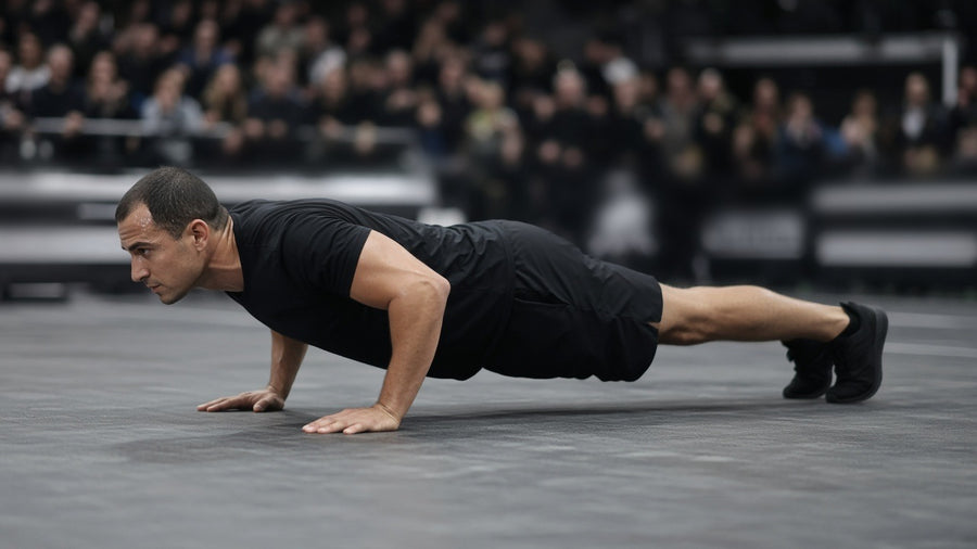 Hybrid race athlete in black kit doing a push-up on an indoor race floor