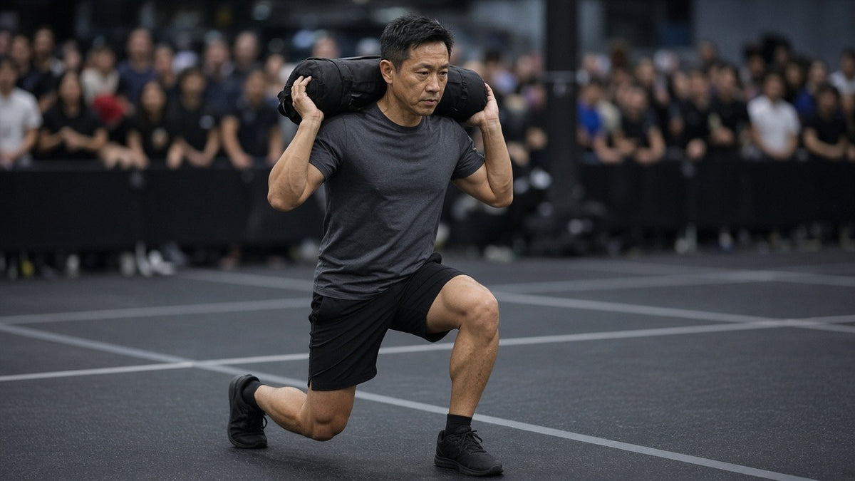 Hybrid race athlete in black kit holding a sandbag on his shoulders in a deep split squat on an indoor race floor