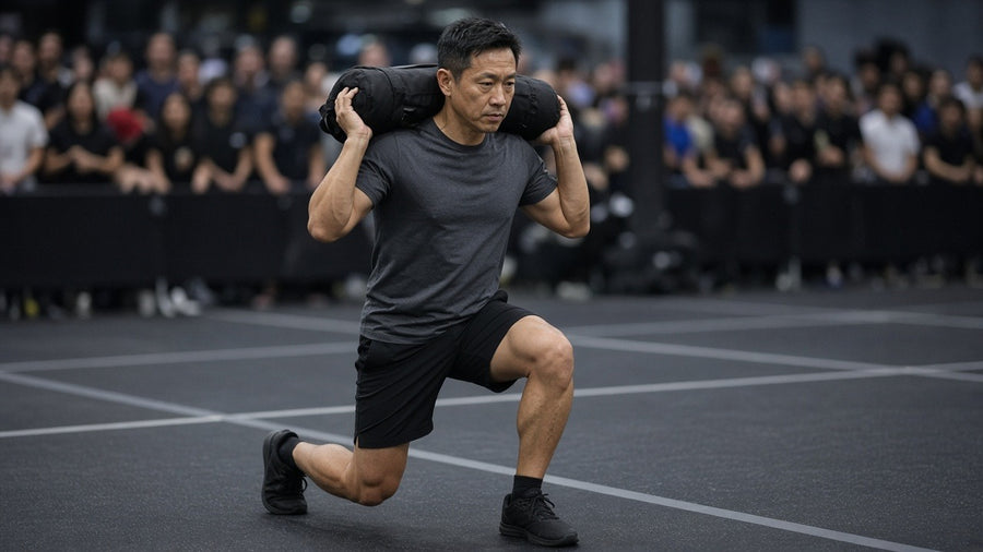 Hybrid race athlete in black kit holding a sandbag on his shoulders in a deep split squat on an indoor race floor